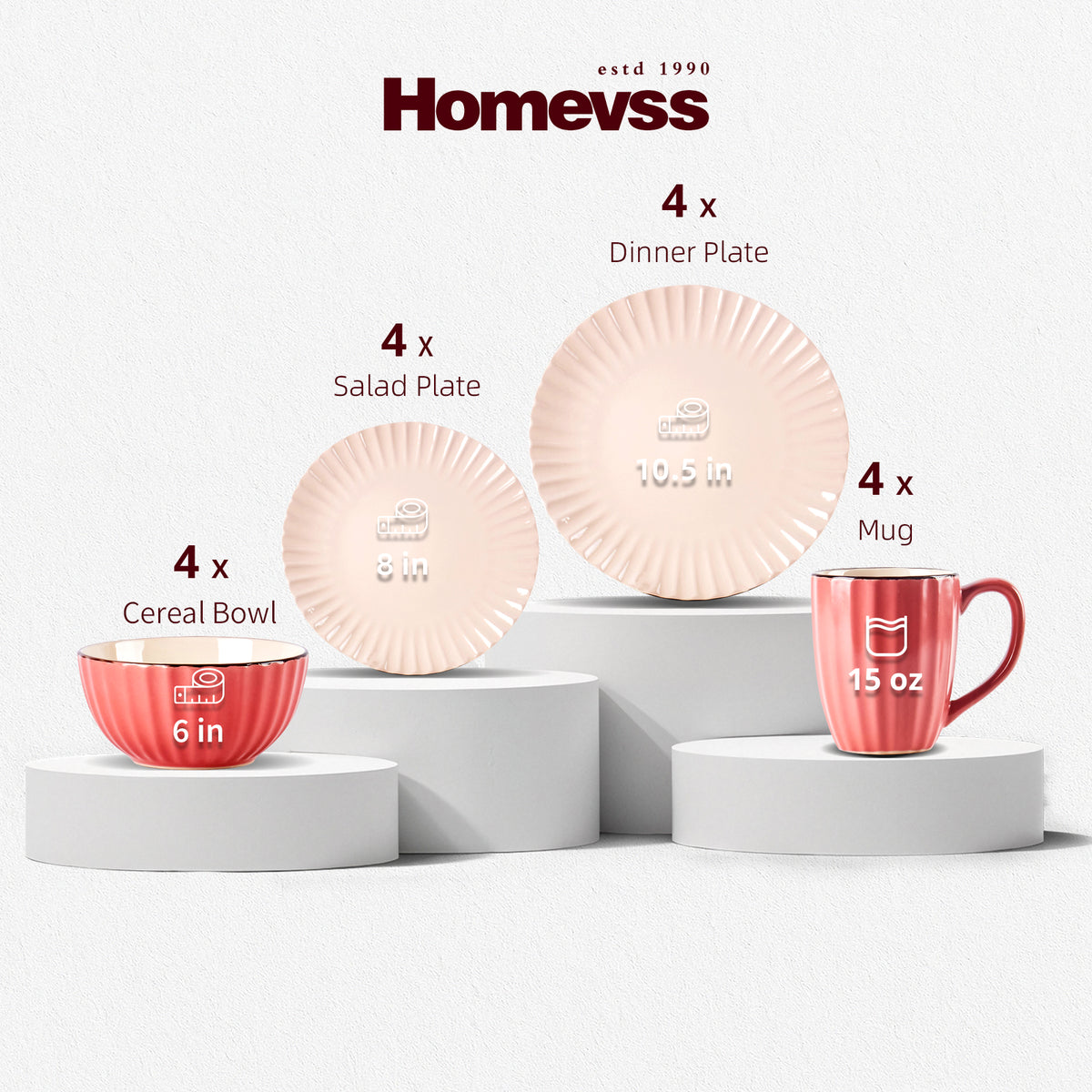 Homevss dinnerware set displayed on white pedestals, including 4x 10.5 inch dinner plates, 4x 8 inch salad plates, 4x 6 inch cereal bowls, and 4x 15 oz mugs in light pink and coral red tones.