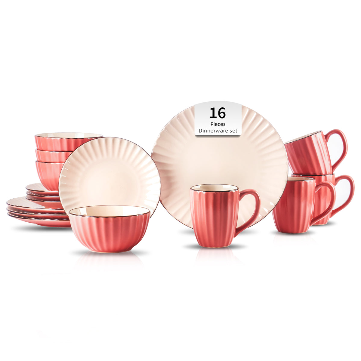 A 16-piece coral pink dinnerware set with a white interior and a thin gold rim, including plates, bowls, and mugs, arranged on a white background.