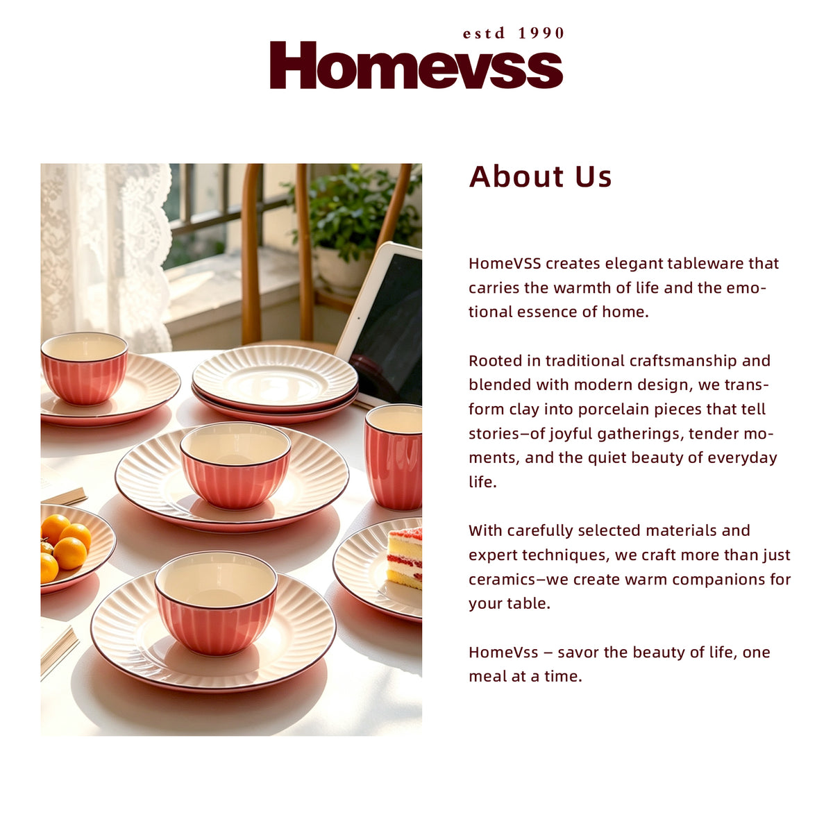 HomeVss ceramic tableware set featuring pink and red striped bowls and saucers on a white background, shown alongside promotional text on a white page layout.