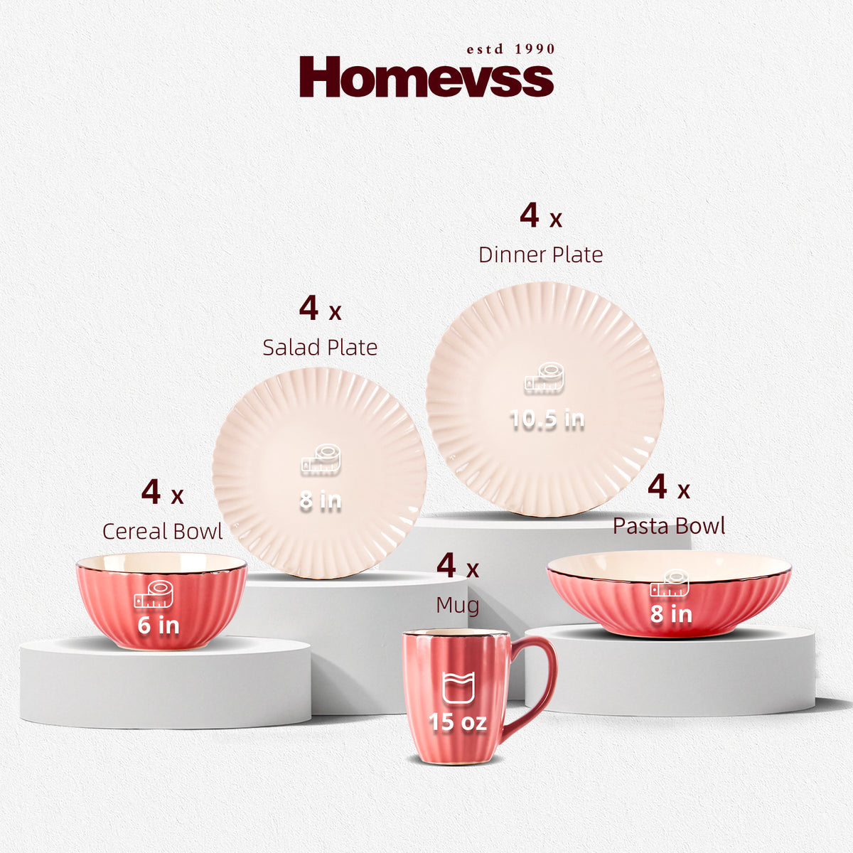Homevss ceramic dinnerwareset displayed on white pedestals against a light gray background, including four pale blush plates (dinner plate 10.5 in, salad plate 8 in), two pink striped bowls (cereal bowl 6 in, pasta bowl 8 in), and one matching pink mug (15 oz).