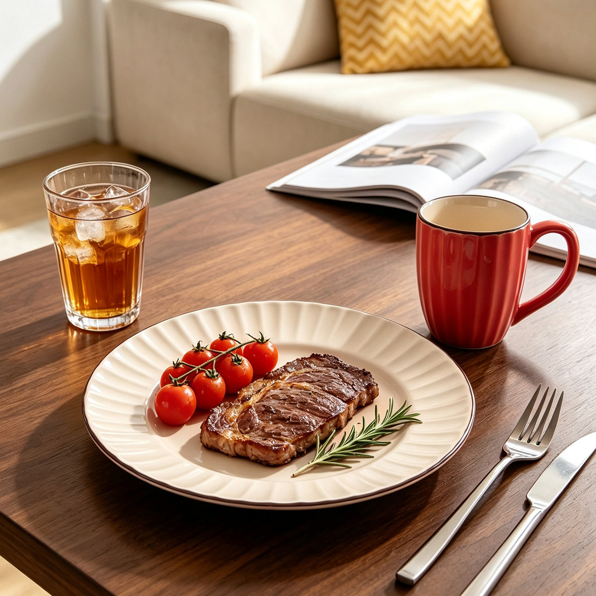 A styled dining table scene with a plate holding a grilled steak, cherry tomatoes, and a rosemary sprig, alongside a red mug, an iced drink, cutlery, and an open magazine in a bright living room setting.