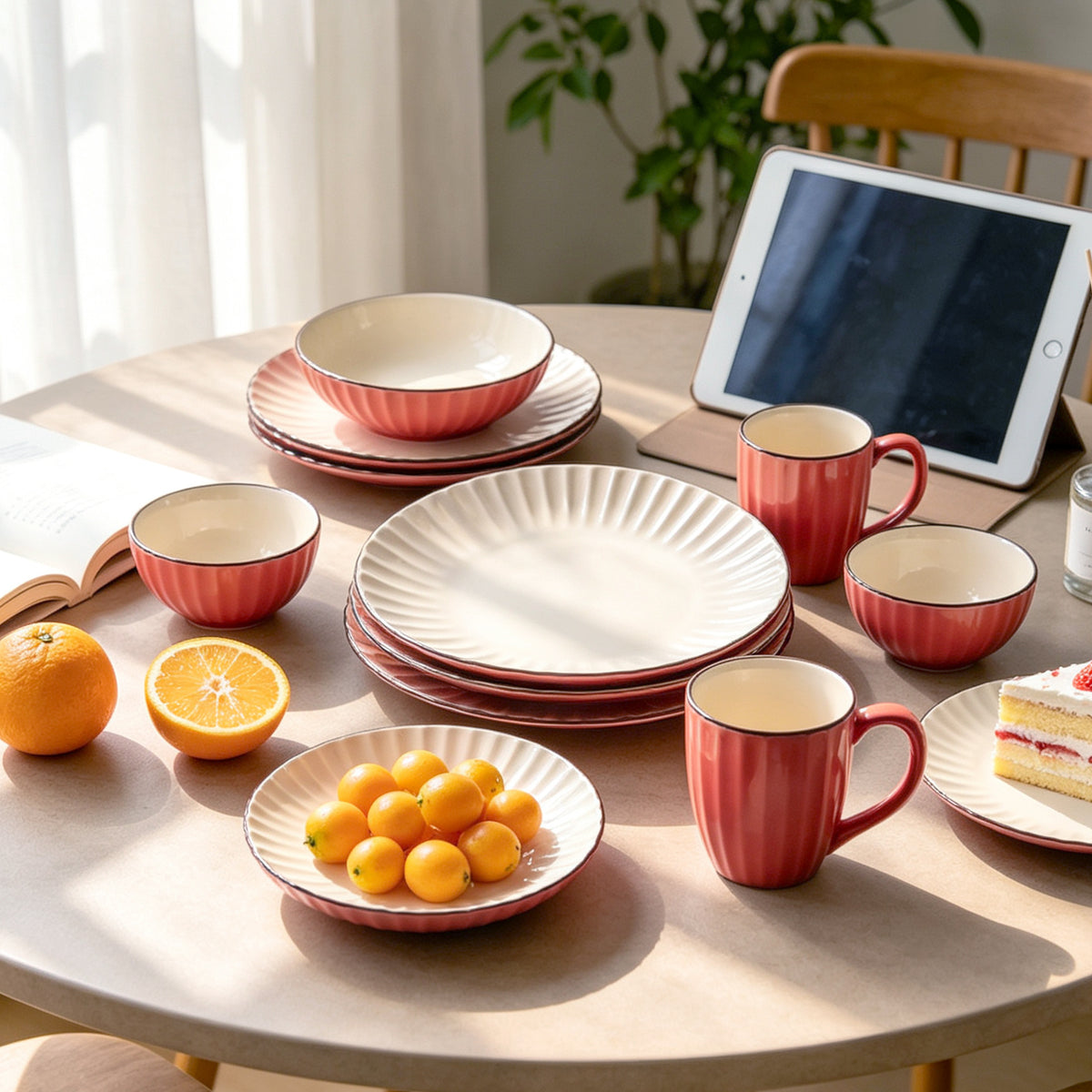 A set of ceramic tableware including plates, bowls, and mugs in a warm pinkish-red exterior with cream interiors, arranged on a dining table with oranges, a small dessert, a tablet, and a plant in the background.