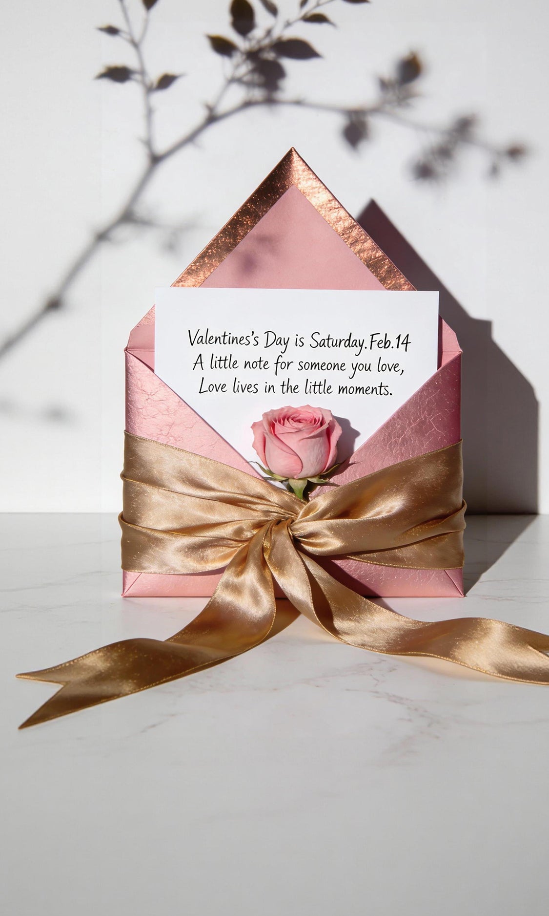 Decorative pink envelope with gold ribbon and rose, featuring a Valentine's Day message.